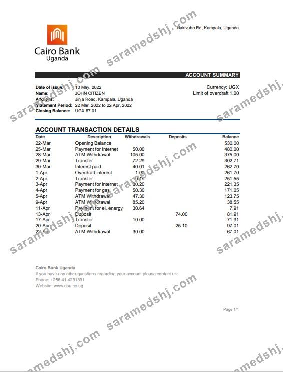 Uganda Cairo bank statement, Excel and PDF template